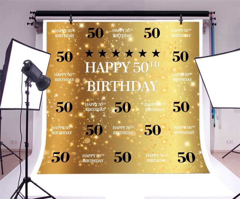 AOFOTO 10x10ft Happy 50th Birthday Background Golden 50 Years Old Party Decoration Photography Backdrop Abstract Shiny Stars Glitter Spots Banner Adult Man Woman Bday Photo Studio Props Vinyl - Image 2